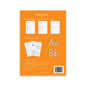 Tinky Puki letter tracing book back cover white background with shadow